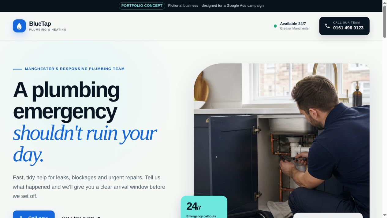 Blue Tap plumbing website homepage preview